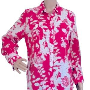 Lands End Raspberry Pink White Floral Linen Long Sleeve Button Shirt Size 14